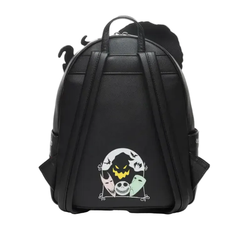 Black backpack with a design of a character from 'The Nightmare Before Christmas' on a white background.