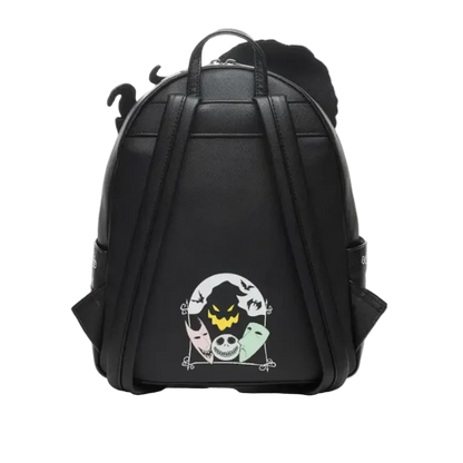 Black backpack with a design of a character from 'The Nightmare Before Christmas' on a white background.