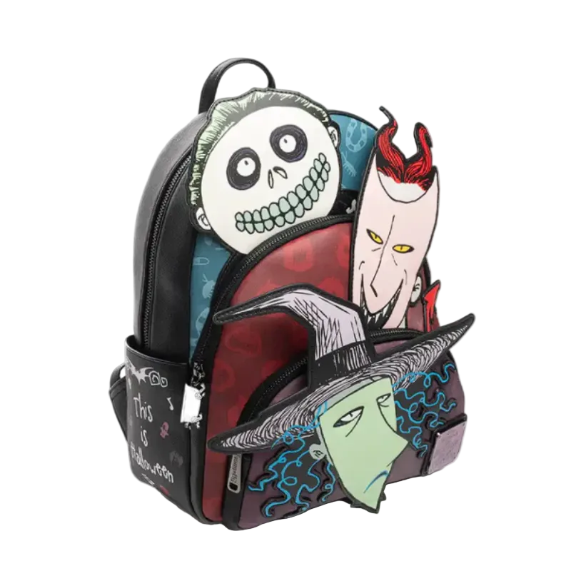 Backpack with cartoon character design on a white background.