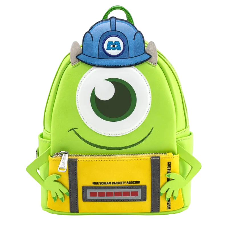 Green backpack with cartoon character design on a white background