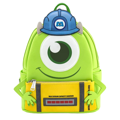 Green backpack with cartoon character design on a white background
