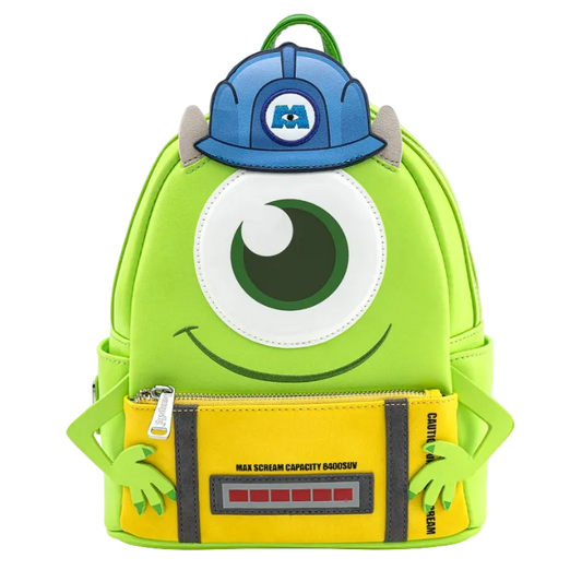 Green backpack with cartoon character design on a white background