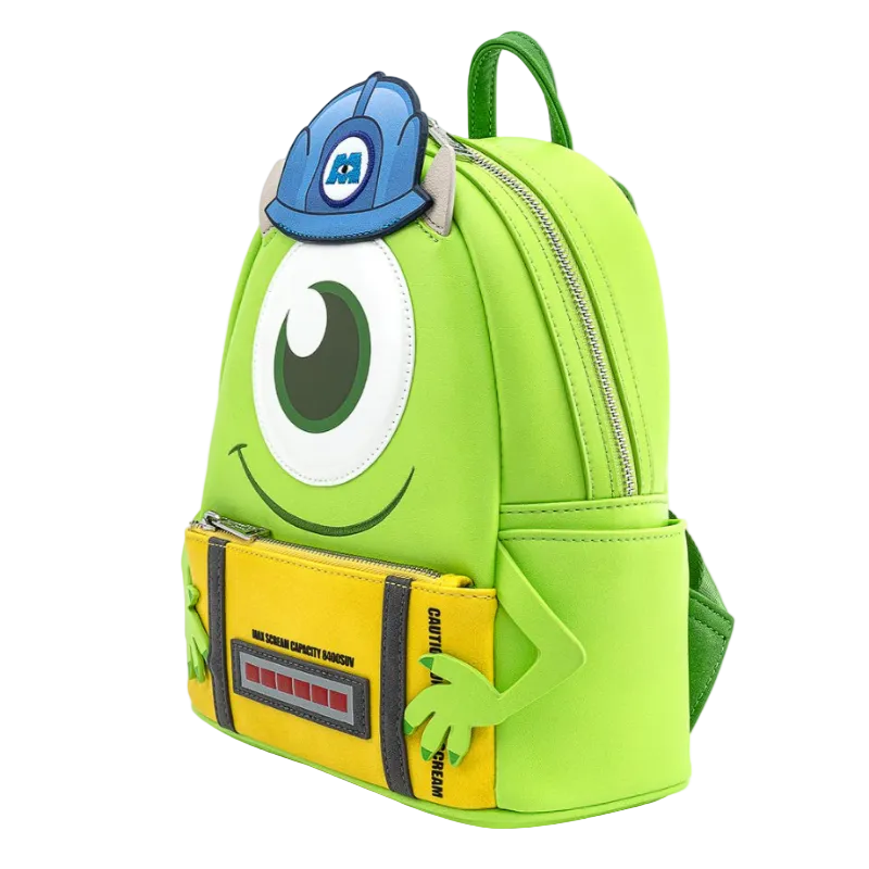 Green backpack with cartoon character design on a white background