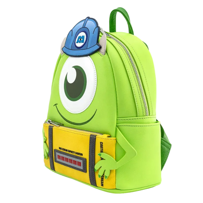 Green backpack with cartoon character design on a white background
