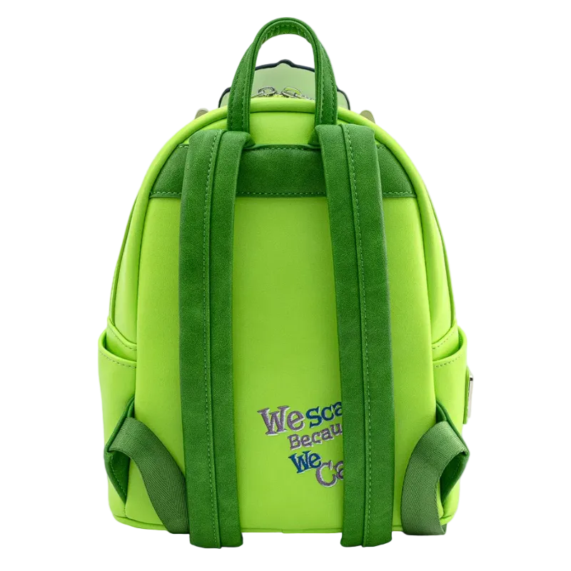 Green backpack with text on a white background