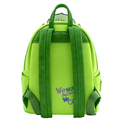 Green backpack with text on a white background