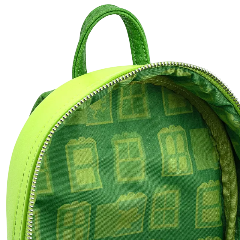 Green backpack with a pattern of windows on a white background