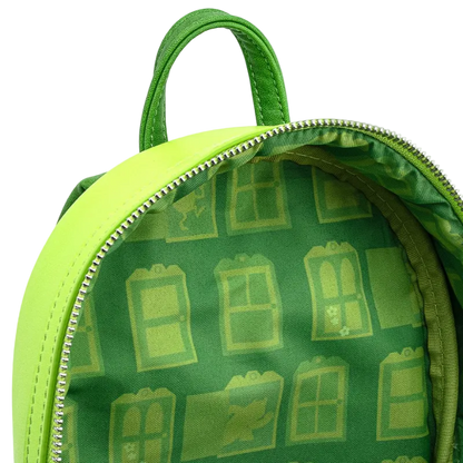 Green backpack with a pattern of windows on a white background