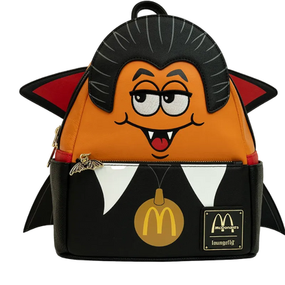 Backpack with cartoon character design featuring a McDonald's logo, on a white background.
