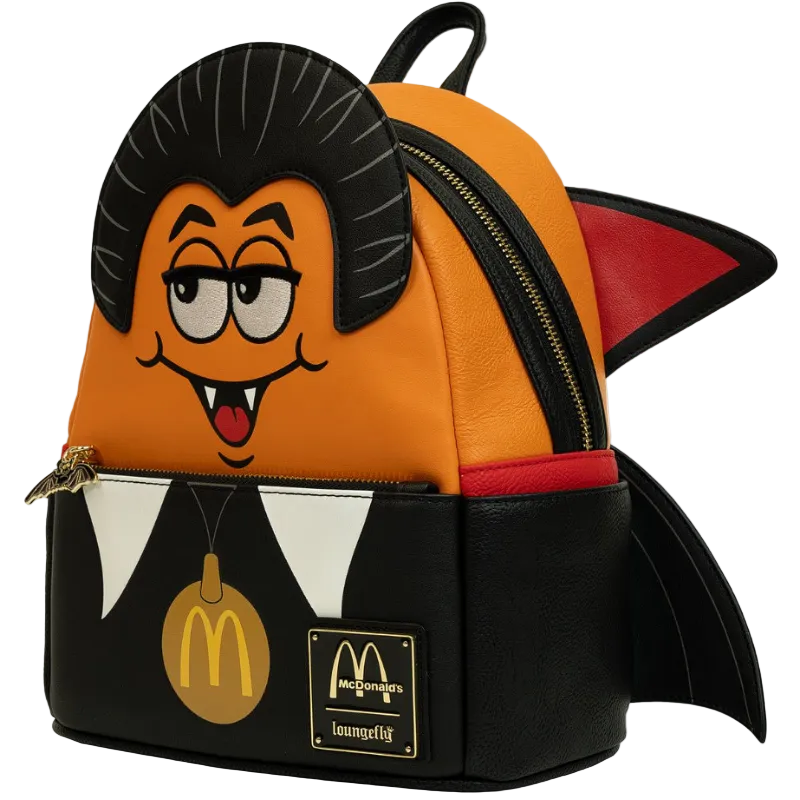 Backpack with cartoon character design featuring a McDonald's logo on a white background