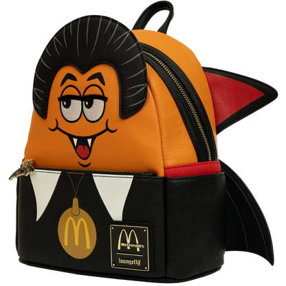 Backpack with cartoon character design featuring a McDonald's logo on a white background