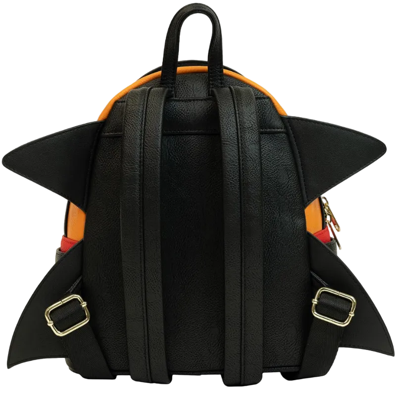 Black shark-shaped backpack with orange accents on a white background