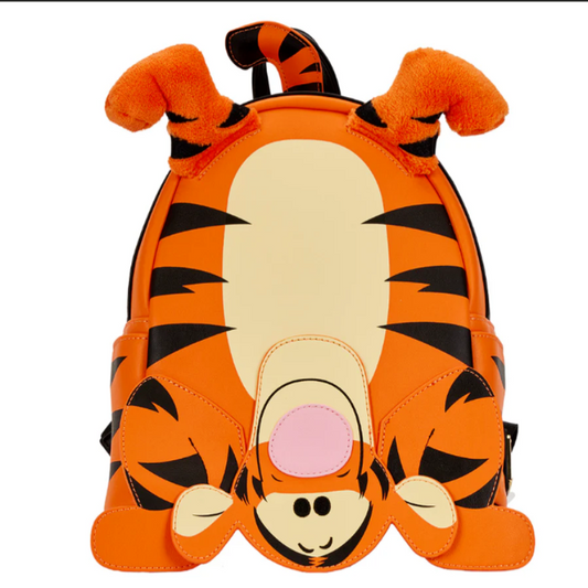 Backpack designed like a tiger with orange and black stripes on a white background