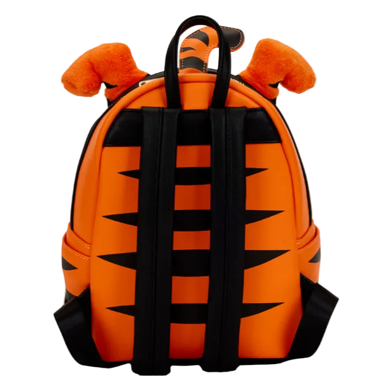 Orange and black tiger-striped backpack with plush tiger ears on a white background