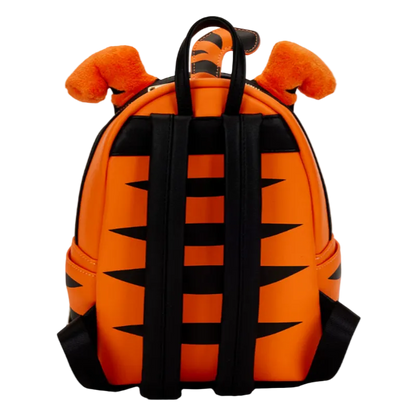 Orange and black tiger-striped backpack with plush tiger ears on a white background