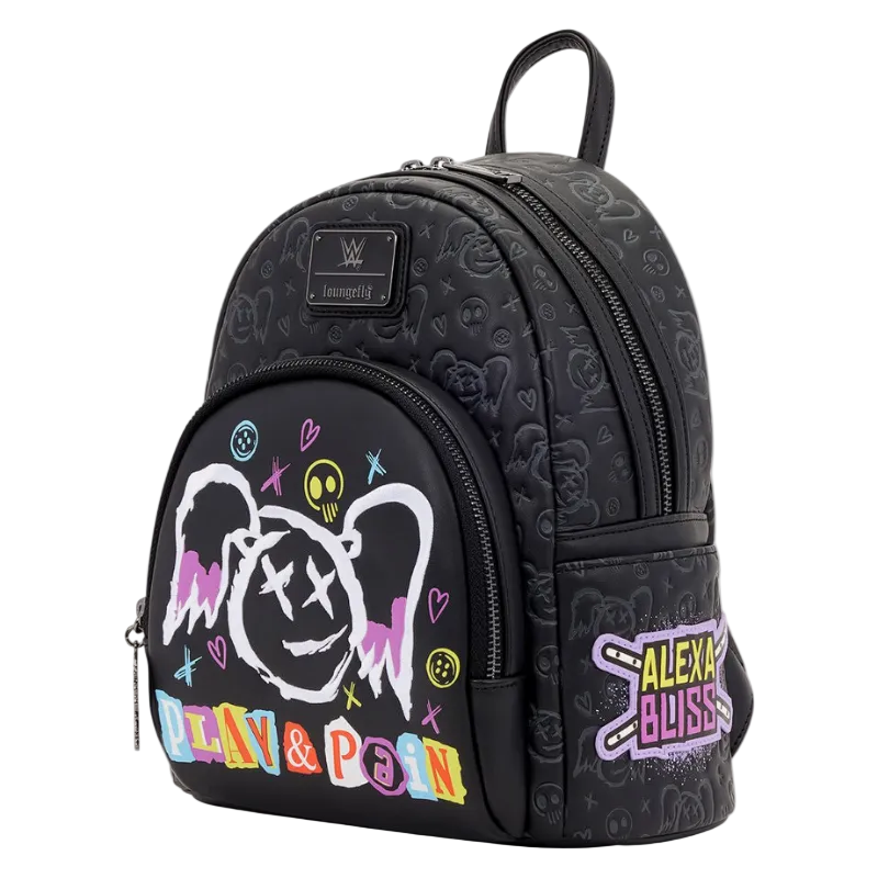 Black backpack with colorful designs and text on a white background