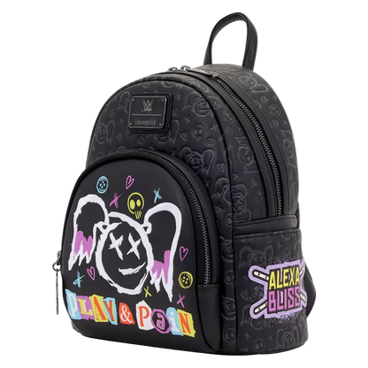 Black backpack with colorful designs and text on a white background