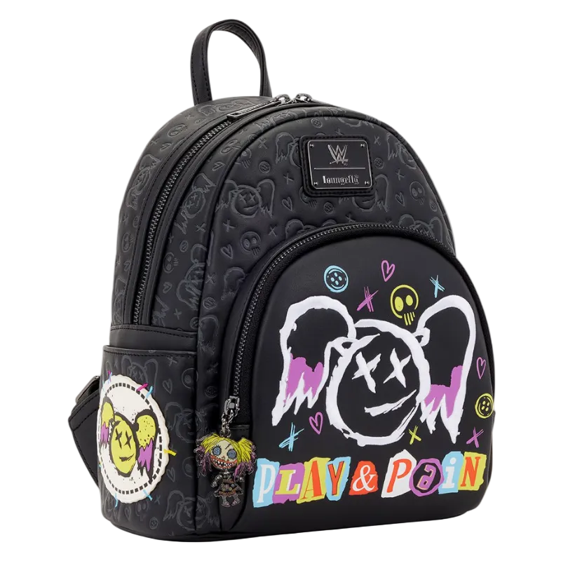 Black backpack with colorful designs and text on a white background