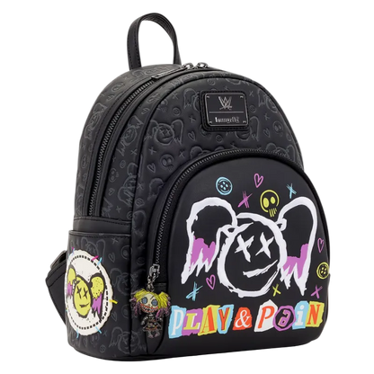 Black backpack with colorful designs and text on a white background