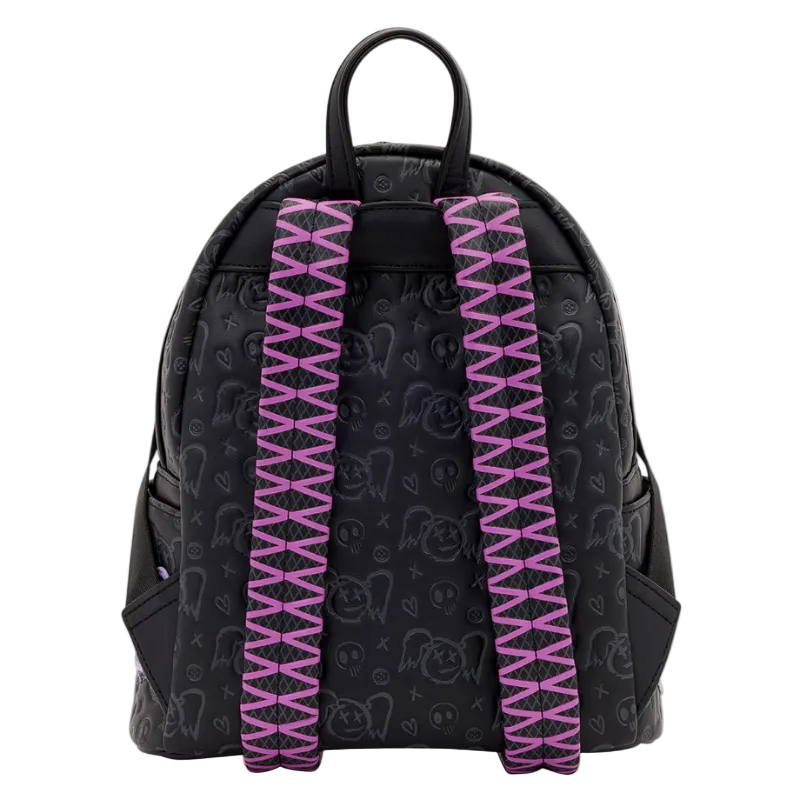 Black backpack with pink and purple straps on a white background