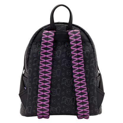 Black backpack with pink and purple straps on a white background