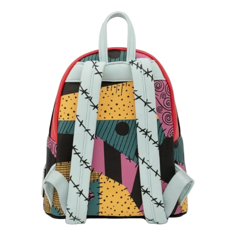 Colorful geometric patterned backpack on a white background