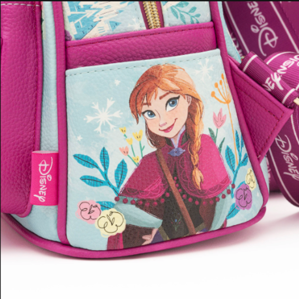 Pink backpack with Anna from Frozen design on a white background