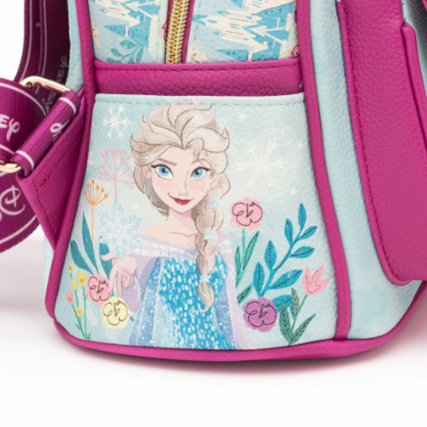 Backpack with Elsa from Frozen design on a light blue background