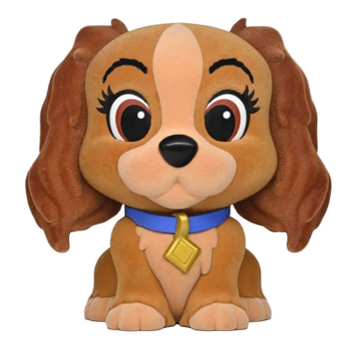 Plush toy of a cartoon dog with a blue collar and gold tag on a white background