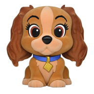 Plush toy of a cartoon dog with a blue collar and gold tag on a white background