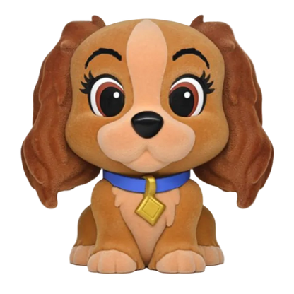 Plush toy of a cartoon dog with a blue collar and gold tag on a white background