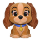 Plush toy of a cartoon dog with a blue collar and gold tag on a white background