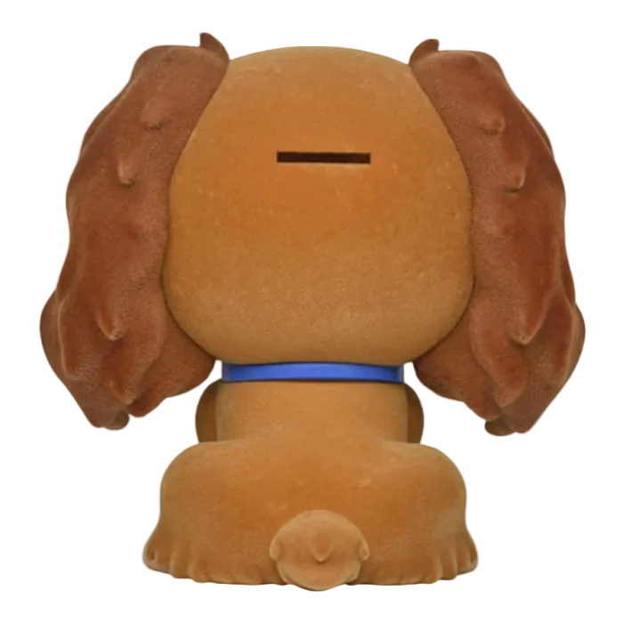 Brown plush dog toy with a blue collar on a white background
