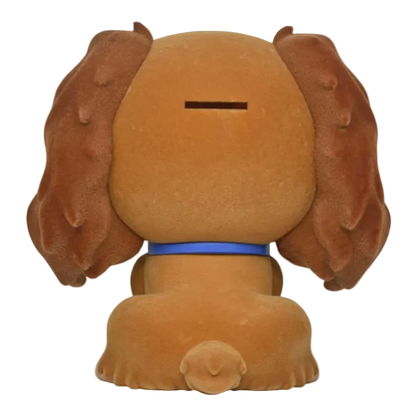 Brown plush dog toy with a blue collar on a white background