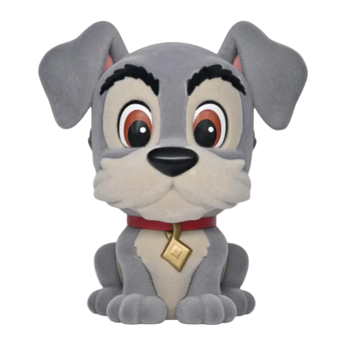 Plush toy of a cartoon dog with a gray coat, red collar, and gold tag on a white background