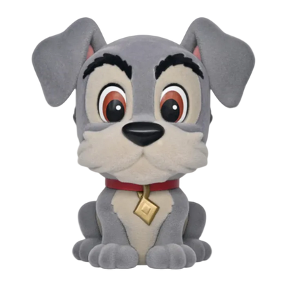 Plush toy of a cartoon dog with a gray coat, red collar, and gold tag on a white background