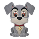 Plush toy of a cartoon dog with a gray coat, red collar, and gold tag on a white background