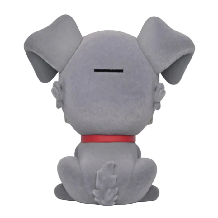 Gray plush toy with a red collar on a white background