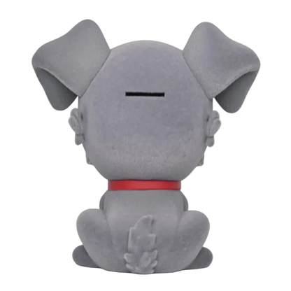 Gray plush toy with a red collar on a white background