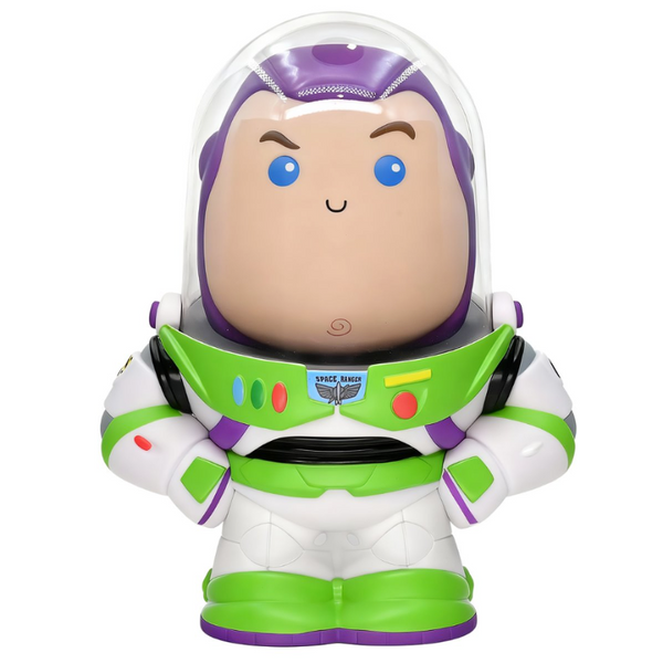 Toy figure of Buzz Lightyear from Toy Story on a white background