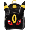 A plush black Pikachu-themed backpack with yellow ear bands, a yellow Pokémon logo patch, and red embroidered eyes on a white background.
