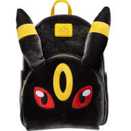 A plush black Pikachu-themed backpack with yellow ear bands, a yellow Pokémon logo patch, and red embroidered eyes on a white background.