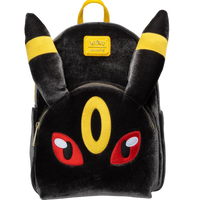 A plush black Pikachu-themed backpack with yellow ear bands, a yellow Pokémon logo patch, and red embroidered eyes on a white background.