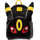 A plush black Pikachu-themed backpack with yellow ear bands, a yellow Pokémon logo patch, and red embroidered eyes on a white background.