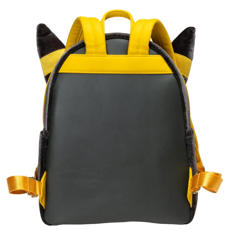 A black and yellow backpack designed to look like a cartoon character's backpack, featuring plush cat ears on top, yellow shoulder straps, and yellow side straps, shown against a plain white background.