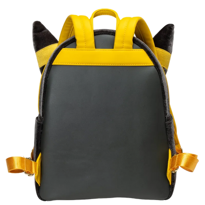 A black and yellow backpack designed to look like a cartoon character's backpack, featuring plush cat ears on top, yellow shoulder straps, and yellow side straps, shown against a plain white background.