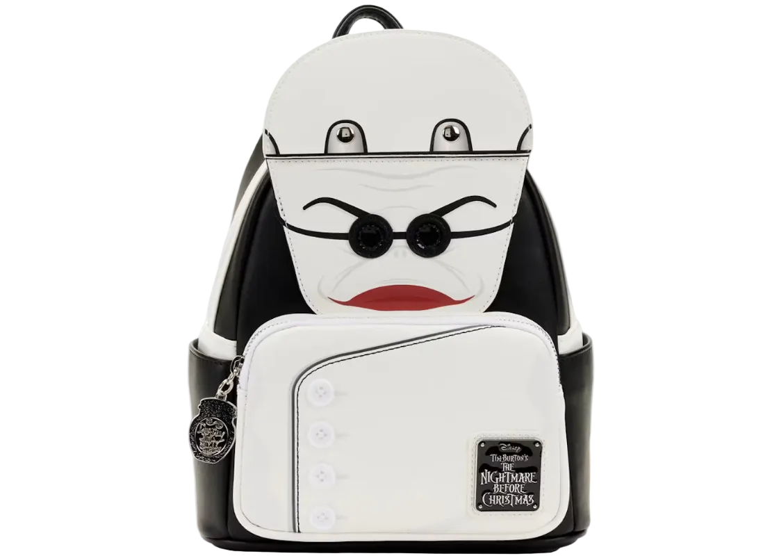 A Lounge Club Disney's The Nightmare Before Christmas Darth Vader backpack, featuring a white faux leather front with black leather side panels and a printed face design with black glasses and red lips.