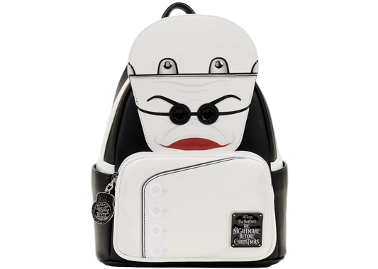 A Lounge Club Disney's The Nightmare Before Christmas Darth Vader backpack, featuring a white faux leather front with black leather side panels and a printed face design with black glasses and red lips.