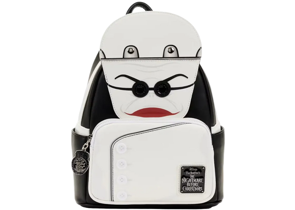 A Lounge Club Disney's The Nightmare Before Christmas Darth Vader backpack, featuring a white faux leather front with black leather side panels and a printed face design with black glasses and red lips.