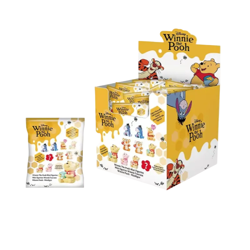 Disney Winnie Pooh blind box display packaging with a small individual mystery pack pouch shown in front on a plain white background.